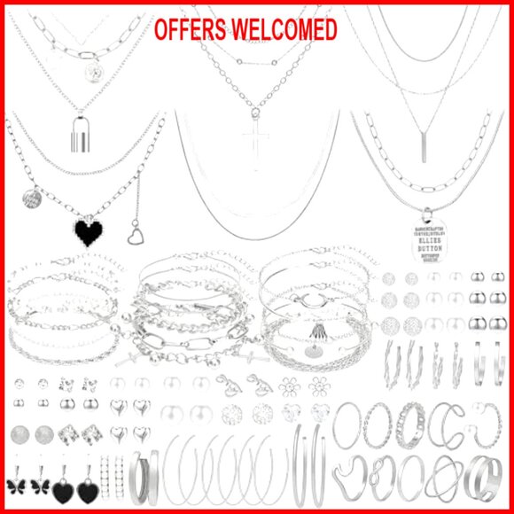 100 Piece Silver Gold Plated Jewelry Set Necklace Bracelet Ring Earrings - Picture 2 of 8